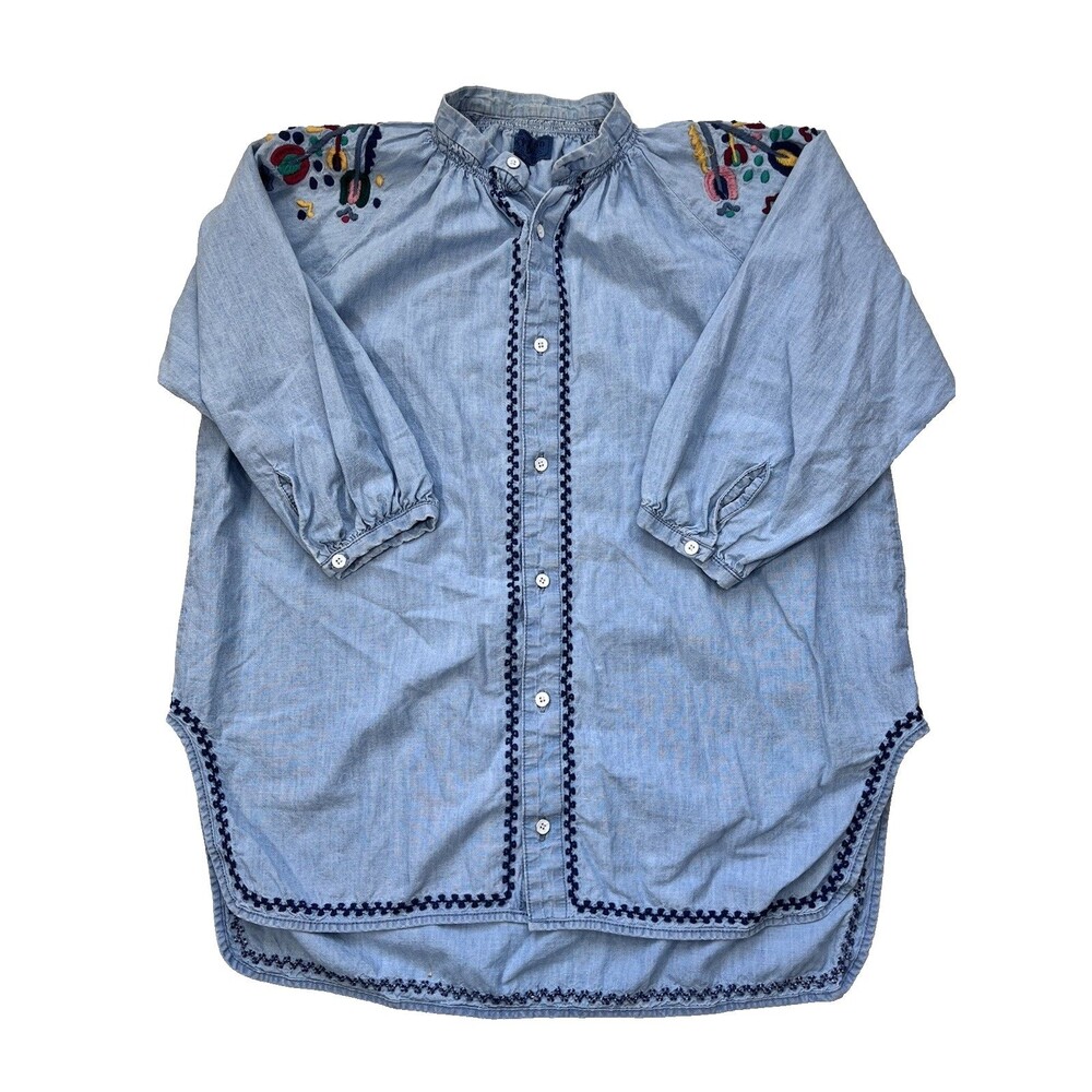 Lucky Brand XS Blue Chambray Peasant Blouse Boho Cotton Hemp Blend Y2K Vtg 00s